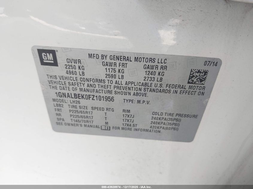 2015 Chevrolet Equinox 1Lt VIN: 1GNALBEK0FZ101956 Lot: 43928974