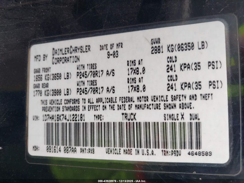 2004 Dodge Ram 1500 St VIN: 1D7HA16K74J122181 Lot: 43928976