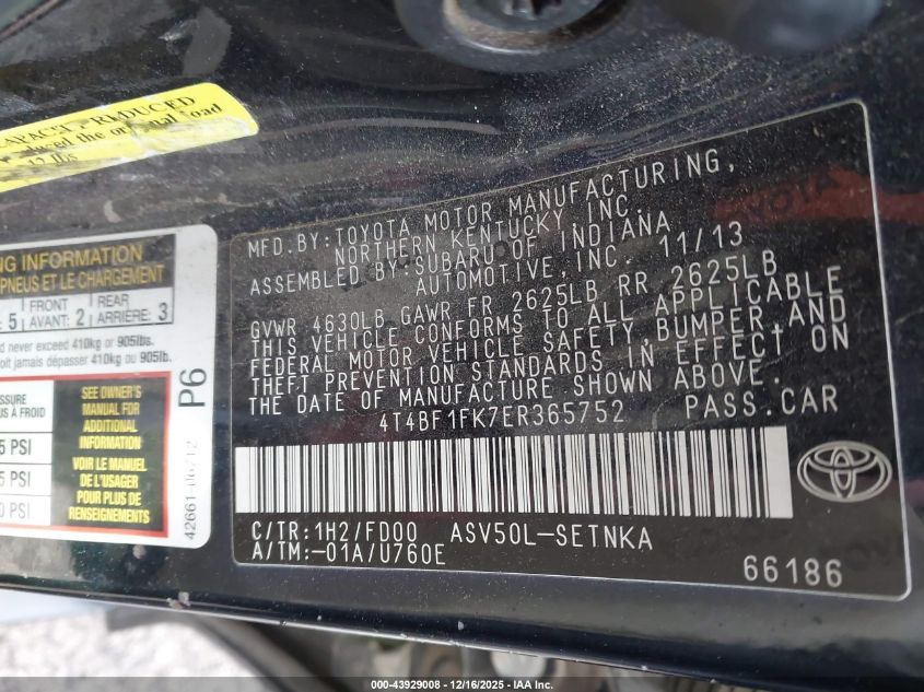 2014 Toyota Camry Le VIN: 4T4BF1FK7ER365752 Lot: 43929008