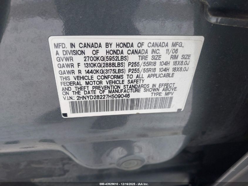 2007 Acura Mdx VIN: 2HNYD28227H509046 Lot: 43929010