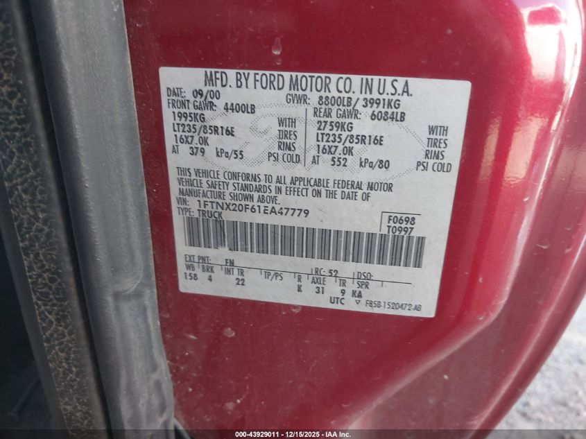 2001 Ford F-250 Lariat/Xl/Xlt VIN: 1FTNX20F61EA47779 Lot: 43929011