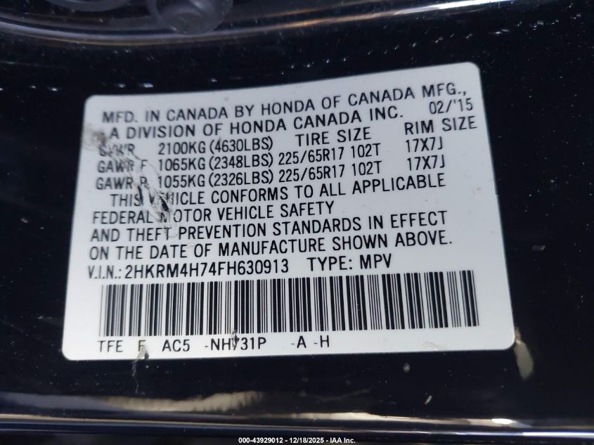 2015 Honda Cr-V Ex-L VIN: 2HKRM4H74FH630913 Lot: 43929012