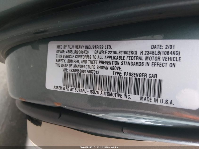 2001 Subaru Outback Limited VIN: 4S3BH686617657312 Lot: 43929017