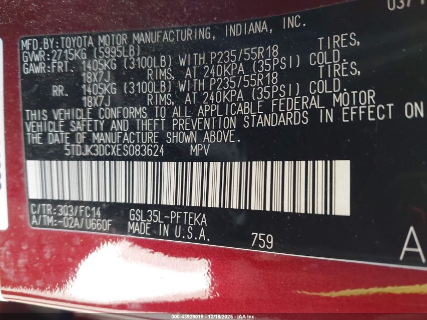 2014 Toyota Sienna Le 7 Passenger VIN: 5TDJK3DCXES083624 Lot: 43929019