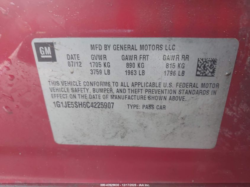 2012 Chevrolet Sonic 2Lz VIN: 1G1JE5SH6C4225907 Lot: 43929030