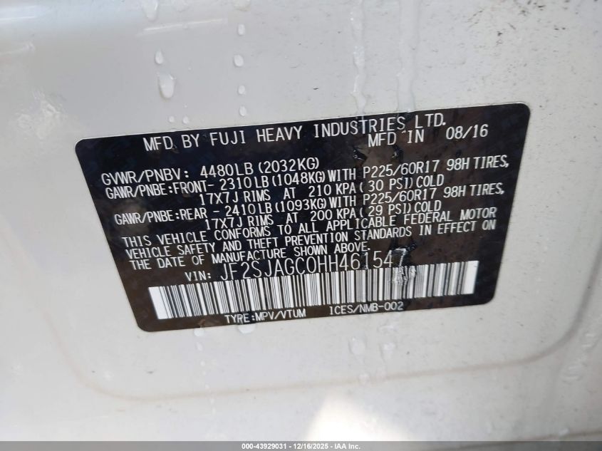 2017 Subaru Forester 2.5I Premium VIN: JF2SJAGC0HH461547 Lot: 43929031