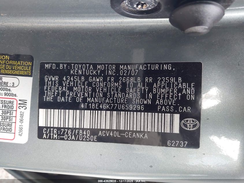 2007 Toyota Camry Le VIN: 4T1BE46K77U659296 Lot: 43929035