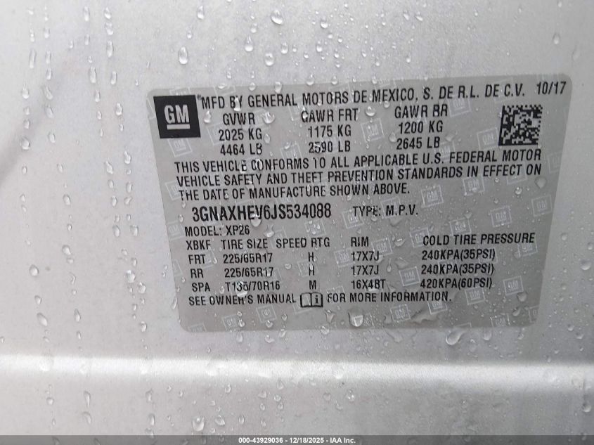 2018 Chevrolet Equinox Ls VIN: 3GNAXHEV6JS534088 Lot: 43929036