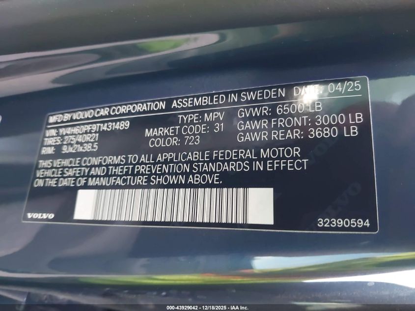 2026 Volvo Xc90 Plug-In Hybrid T8 Ultra 7-Seater VIN: YV4H60PF9T1431489 Lot: 43929042