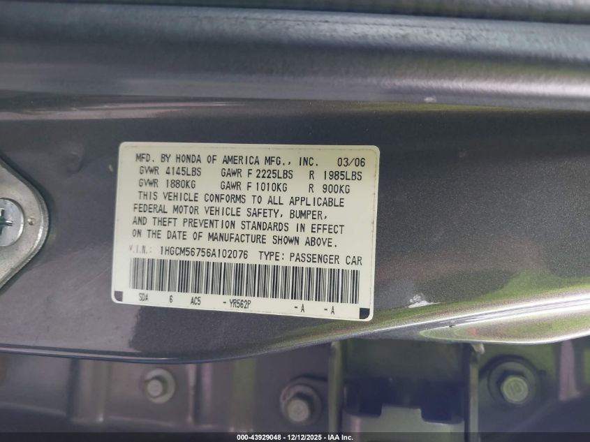 2006 Honda Accord Sdn 2.4 Ex/Ex VIN: 1HGCM56756A102076 Lot: 43929048