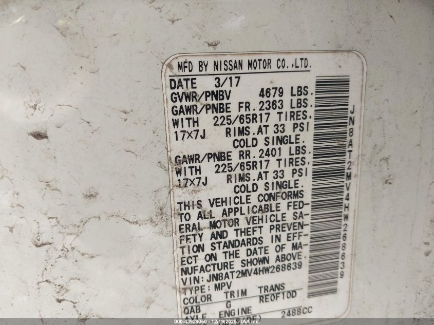 2017 Nissan Rogue Sv VIN: JN8AT2MV4HW268639 Lot: 43929050