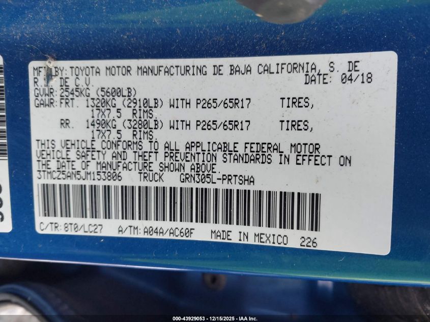 2018 Toyota Tacoma Trd Sport VIN: 3TMCZ5AN5JM153806 Lot: 43929053