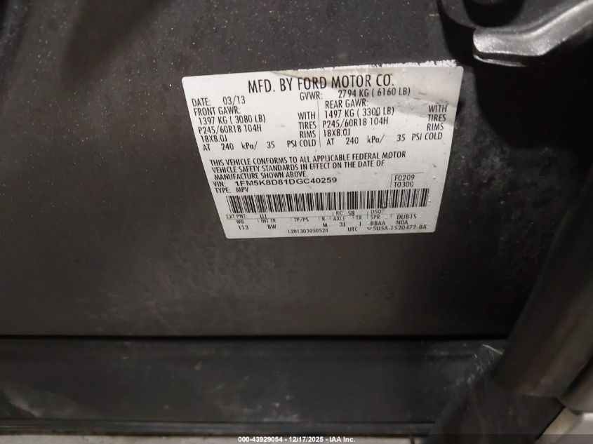 2013 Ford Explorer Xlt VIN: 1FM5K8D81DGC40259 Lot: 43929054