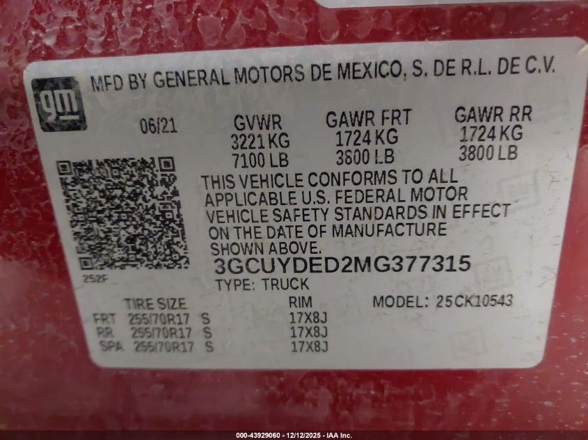 2021 Chevrolet Silverado 1500 4Wd Short Bed Lt VIN: 3GCUYDED2MG377315 Lot: 43929060