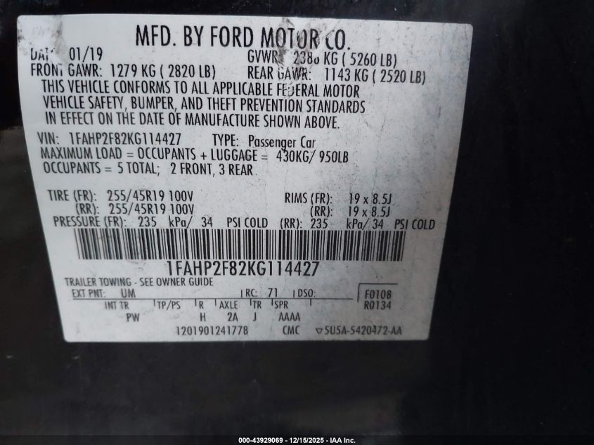 2019 Ford Taurus Limited VIN: 1FAHP2F82KG114427 Lot: 43929069