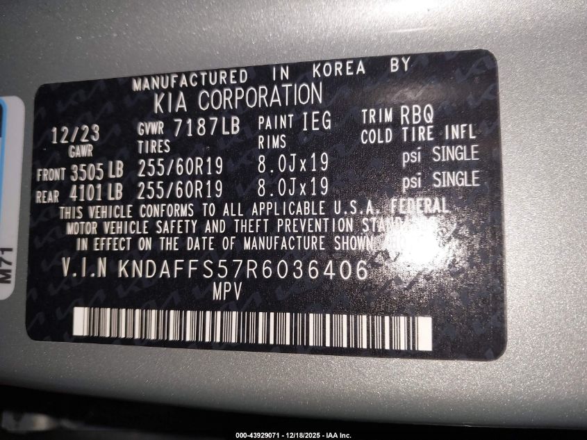 2024 Kia Ev9 Wind VIN: KNDAFFS57R6036406 Lot: 43929071