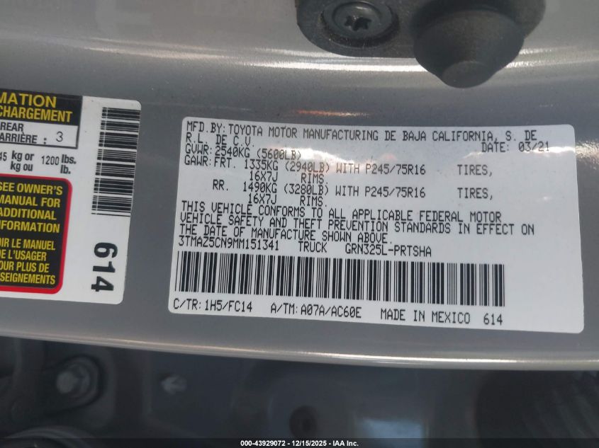 2021 Toyota Tacoma Sr5 V6 VIN: 3TMAZ5CN9MM151341 Lot: 43929072