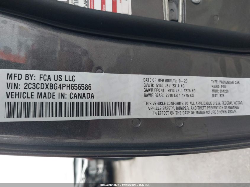 2023 Dodge Charger Sxt VIN: 2C3CDXBG4PH656586 Lot: 43929073