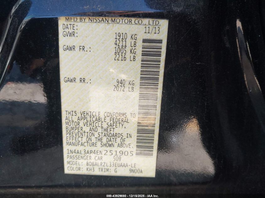 2014 Nissan Altima 2.5 S VIN: 1N4AL3AP4EN251905 Lot: 43929080