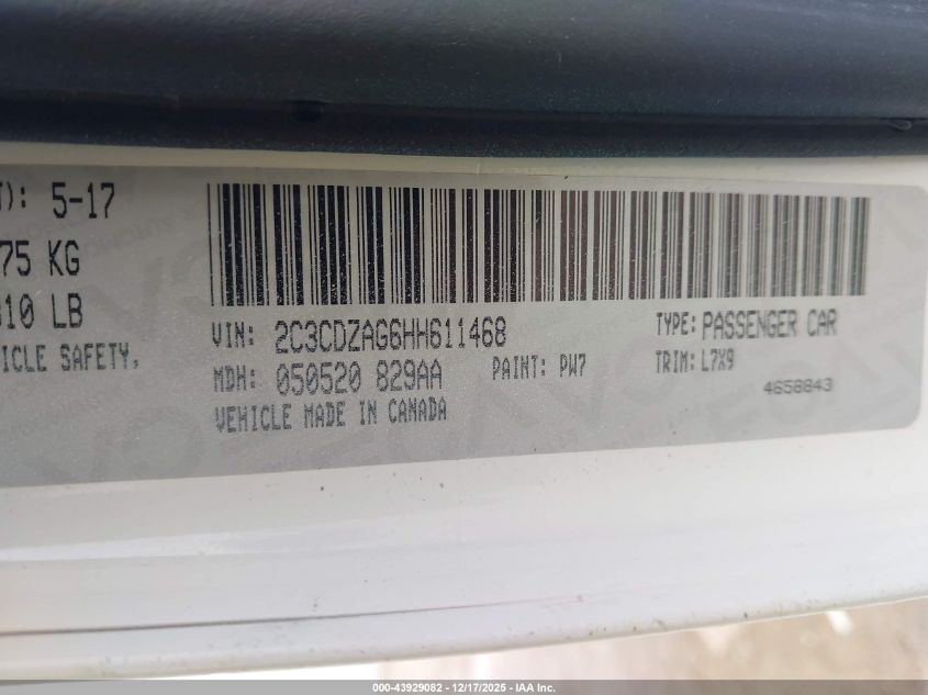 2017 Dodge Challenger Sxt VIN: 2C3CDZAG6HH611468 Lot: 43929082