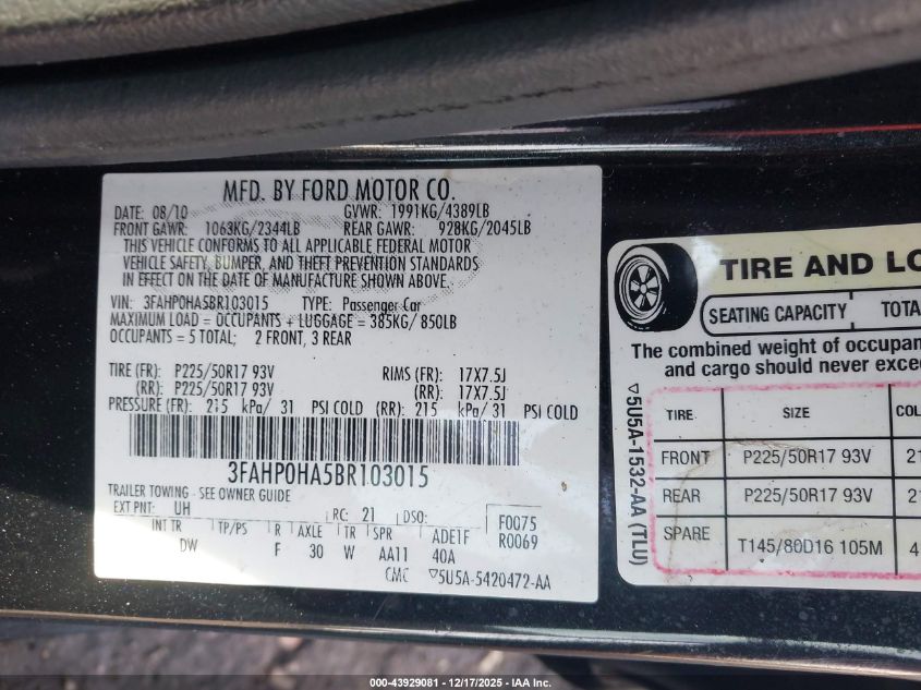 2011 Ford Fusion Se VIN: 3FAHP0HA5BR103015 Lot: 43929081