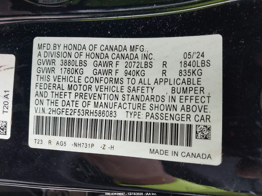 2024 Honda Civic Sport VIN: 2HGFE2F53RH586083 Lot: 43929087