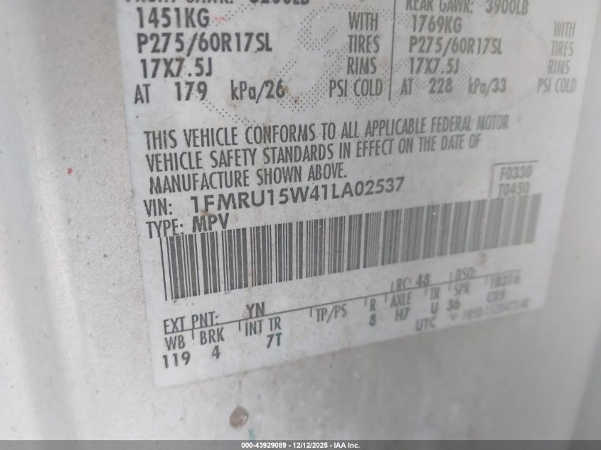 2001 Ford Expedition Xlt VIN: 1FMRU15W41LA02537 Lot: 43929089