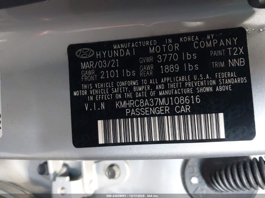 2021 Hyundai Venue Sel VIN: KMHRC8A37MU108616 Lot: 43929091