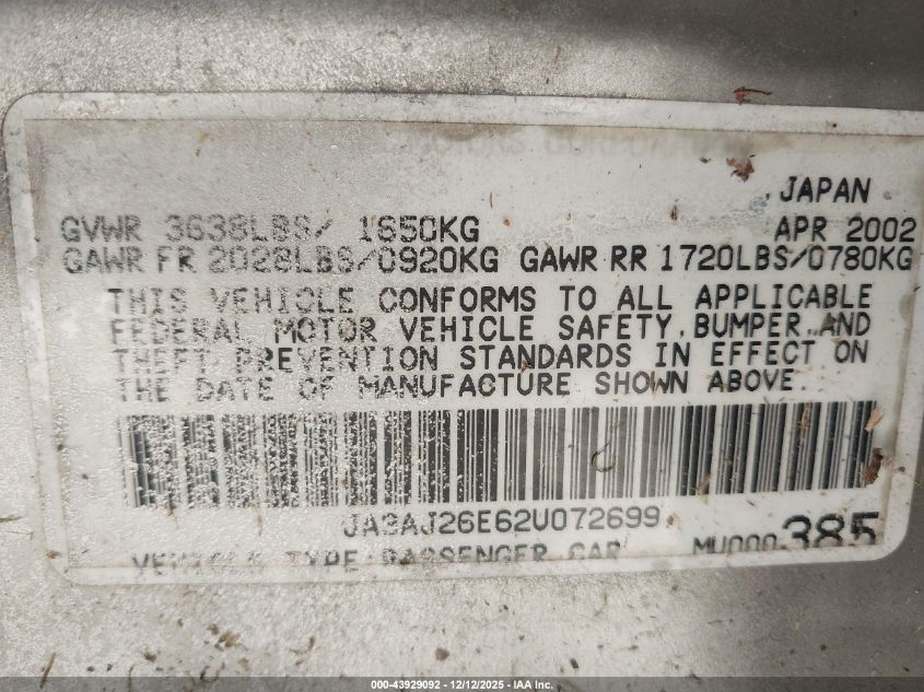 2002 Mitsubishi Lancer Es VIN: JA3AJ26E62U072699 Lot: 43929092