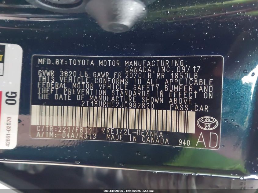 2018 Toyota Corolla Le VIN: 2T1BURHE2JC982820 Lot: 43929096