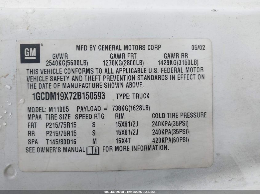 2002 Chevrolet Astro VIN: 1GCDM19X72B150593 Lot: 43929098