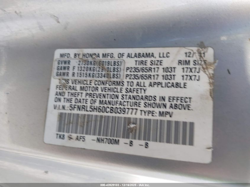 2012 Honda Odyssey Ex-L VIN: 5FNRL5H60CB039777 Lot: 43929103