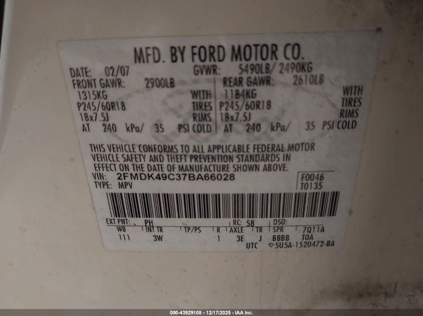 2007 Ford Edge Sel Plus VIN: 2FMDK49C37BA66028 Lot: 43929108