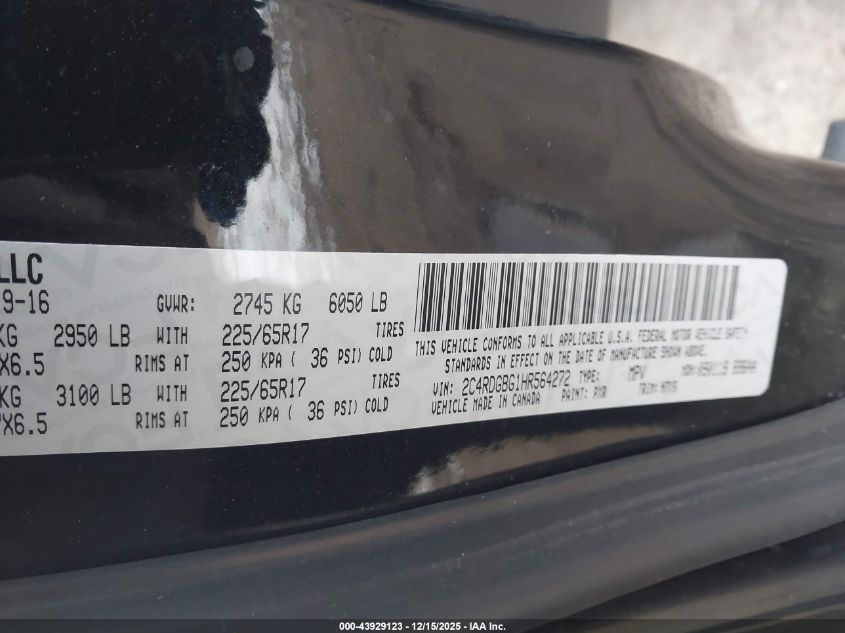 2017 Dodge Grand Caravan Se Plus VIN: 2C4RDGBG1HR564272 Lot: 43929123