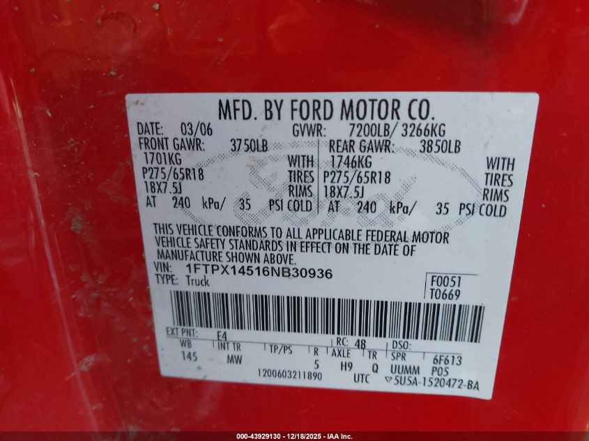 2006 Ford F-150 Fx4/Lariat/Xl/Xlt VIN: 1FTPX14516NB30936 Lot: 43929130