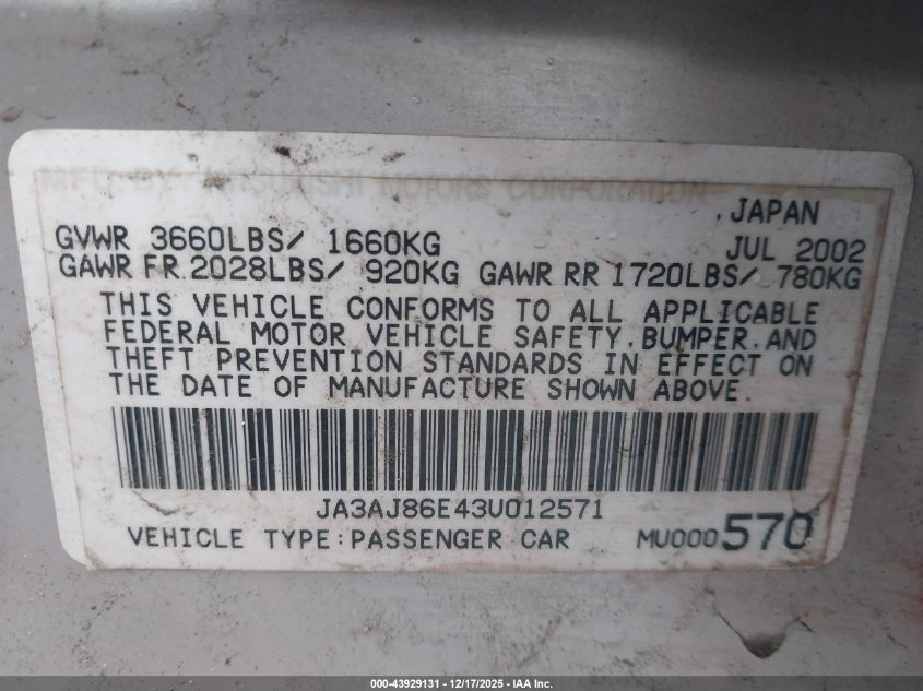 2003 Mitsubishi Lancer Oz Rally VIN: JA3AJ86E43U012571 Lot: 43929131