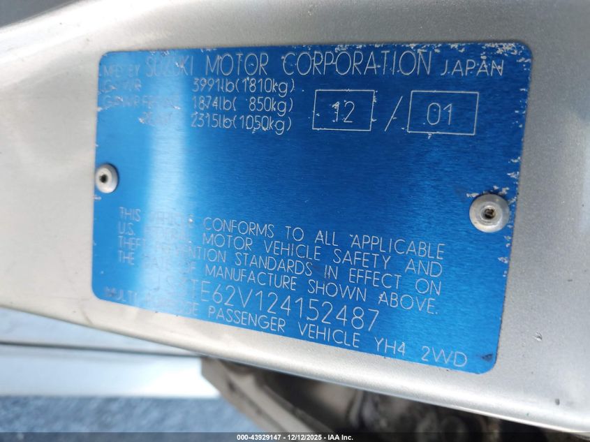 2002 Suzuki Grand Vitara Jls/Limited VIN: JS3TE62V124152487 Lot: 43929147