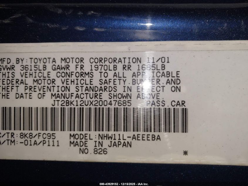 2002 Toyota Prius VIN: JT2BK12UX20047685 Lot: 43929152