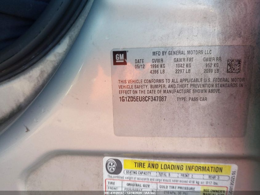 2012 Chevrolet Malibu 2Lt VIN: 1G1ZD5EU8CF347087 Lot: 43929157