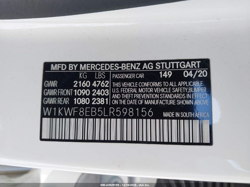 2020 Mercedes-Benz C 300 4Matic VIN: W1KWF8EB5LR598156 Lot: 43929159