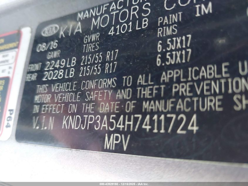 2017 Kia Soul + VIN: KNDJP3A54H7411724 Lot: 43929160