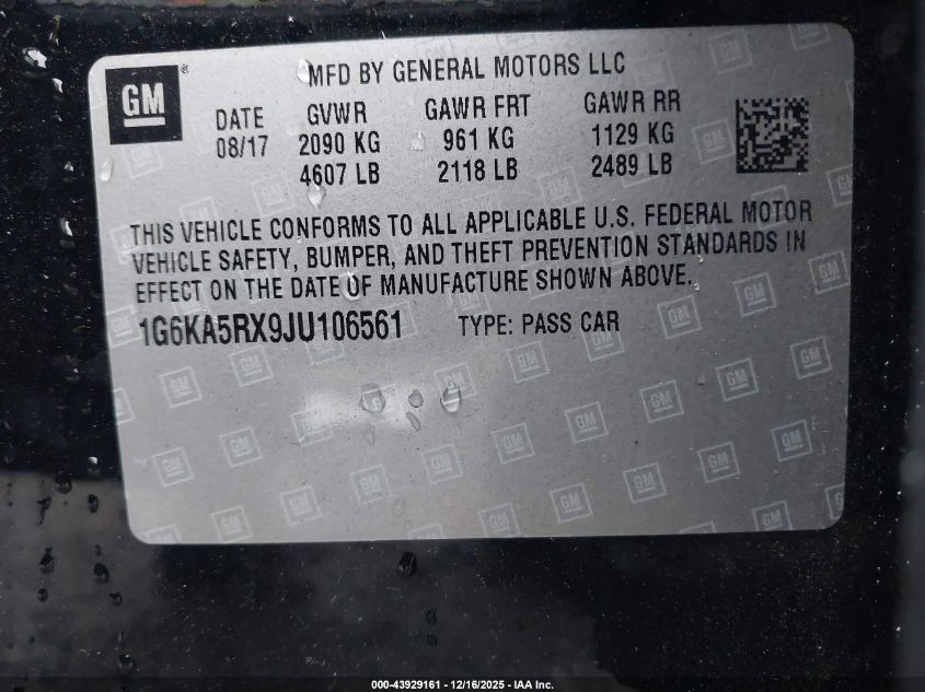 2018 Cadillac Ct6 Standard VIN: 1G6KA5RX9JU106561 Lot: 43929161
