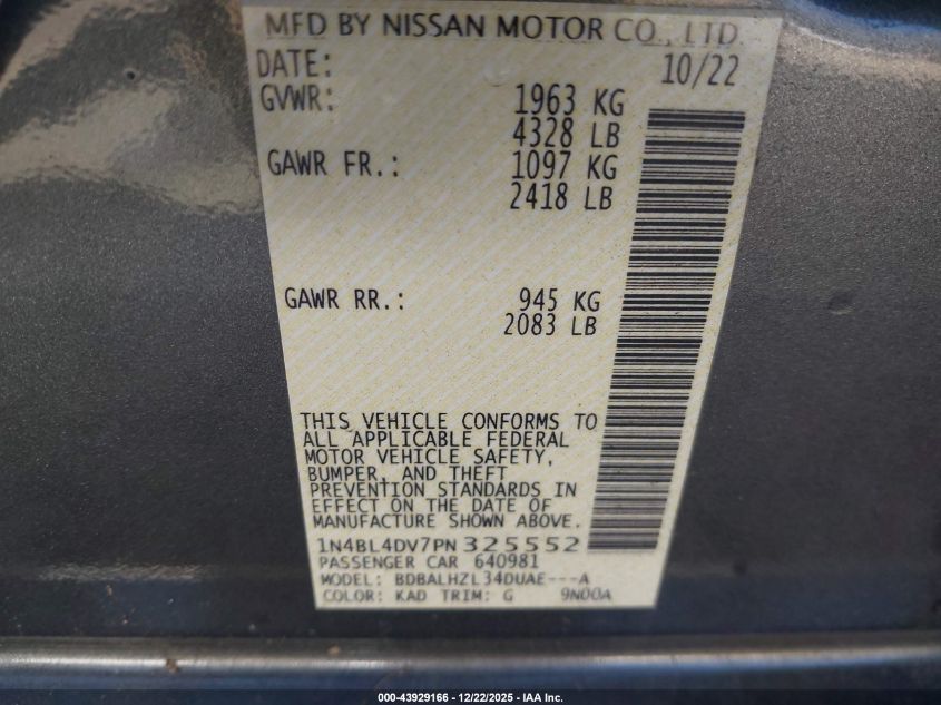 2023 Nissan Altima Sv Fwd VIN: 1N4BL4DV7PN325552 Lot: 43929166