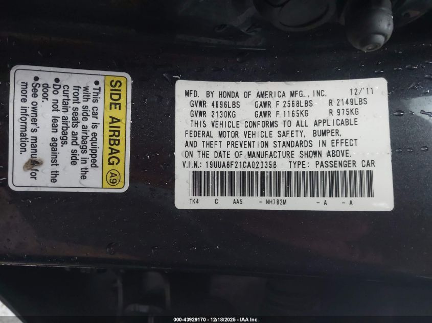 2012 Acura Tl 3.5 VIN: 19UUA8F21CA020358 Lot: 43929170