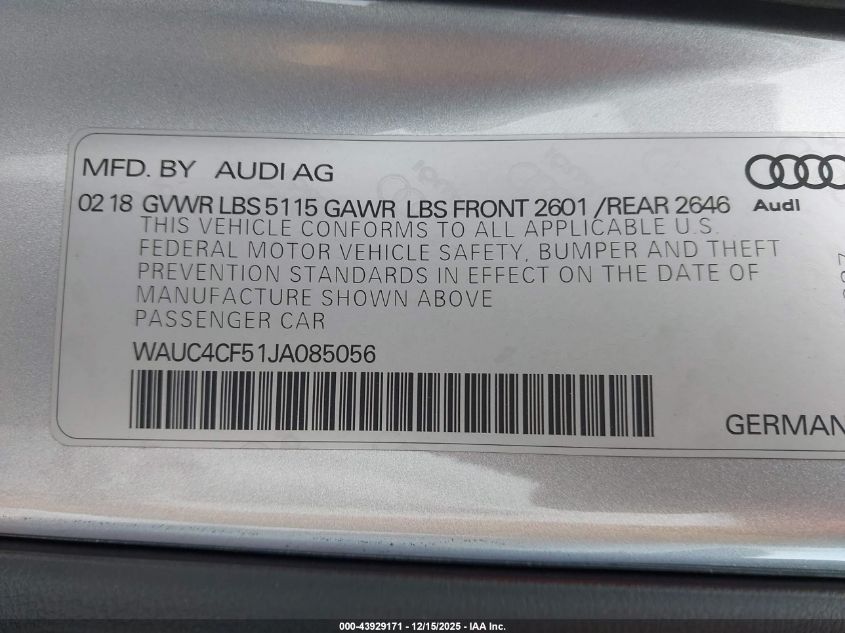 2018 Audi S5 3.0T Premium Plus VIN: WAUC4CF51JA085056 Lot: 43929171
