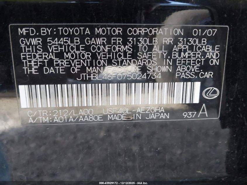 2007 Lexus Ls 460 VIN: JTHBL46F075024734 Lot: 43929172