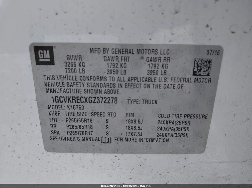 2016 Chevrolet Silverado 1500 2Lt VIN: 1GCVKRECXGZ372278 Lot: 43929185