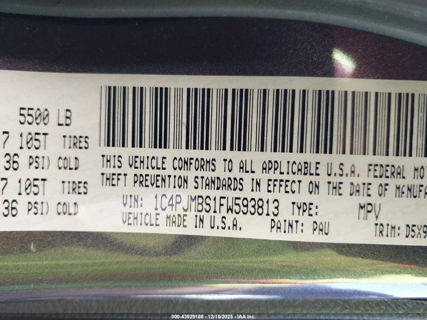 2015 Jeep Cherokee Trailhawk VIN: 1C4PJMBS1FW593813 Lot: 43929186