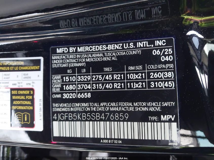 2025 Mercedes-Benz Gle 450 4Matic VIN: 4JGFB5KB5SB476859 Lot: 43929188