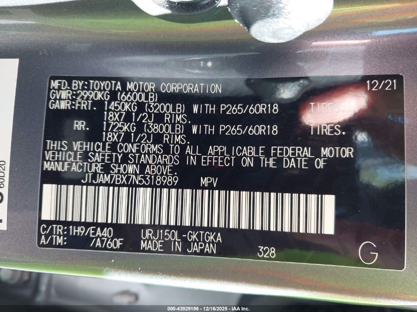 2022 Lexus Gx Gx 460 Premium VIN: JTJAM7BX7N5318989 Lot: 43929196